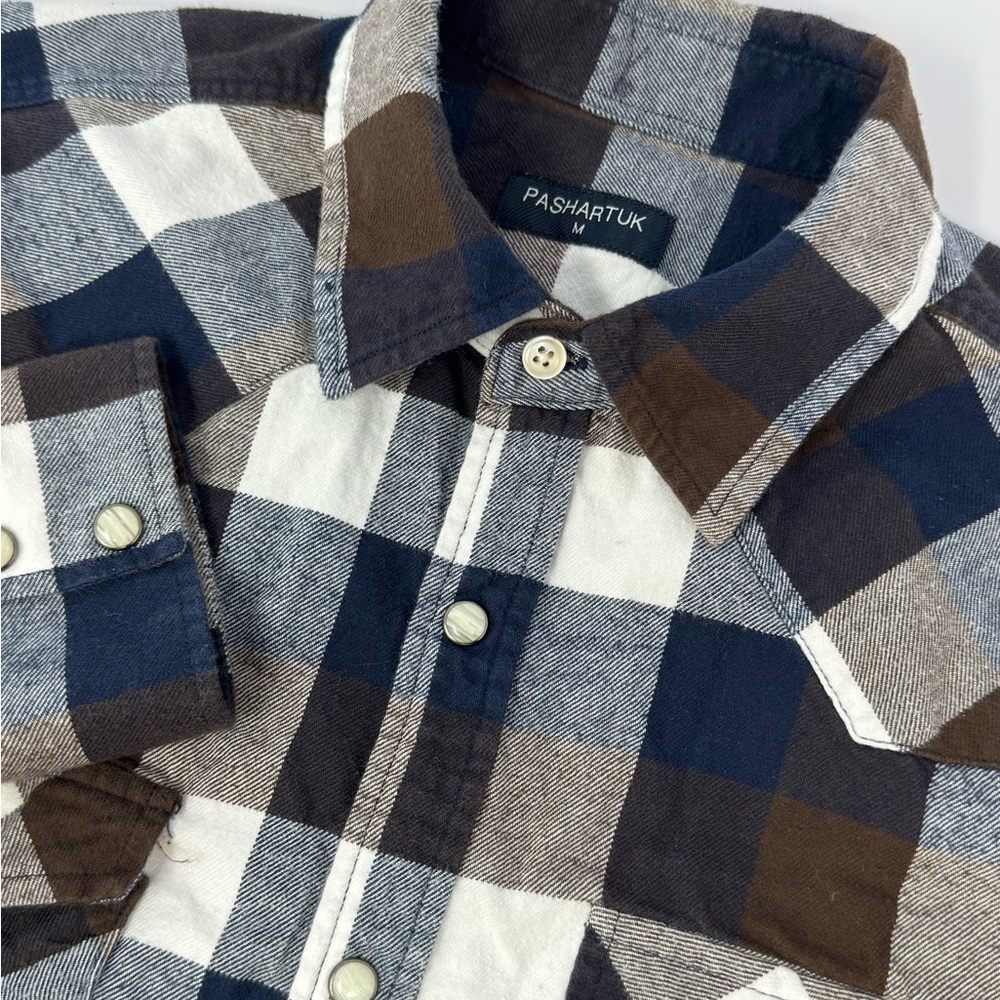 PASHARTUK Button Up Shirt Men's Sz Med Brown/Navy Plaid Flannel Pearl Snap H3
